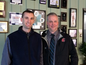 MusicMaster client MacDonald Broadcasting Operations Manager Scott Loomise with Aaron Taylor from MusicMaster on a visit to their facility in Lansing, Michigan March 11